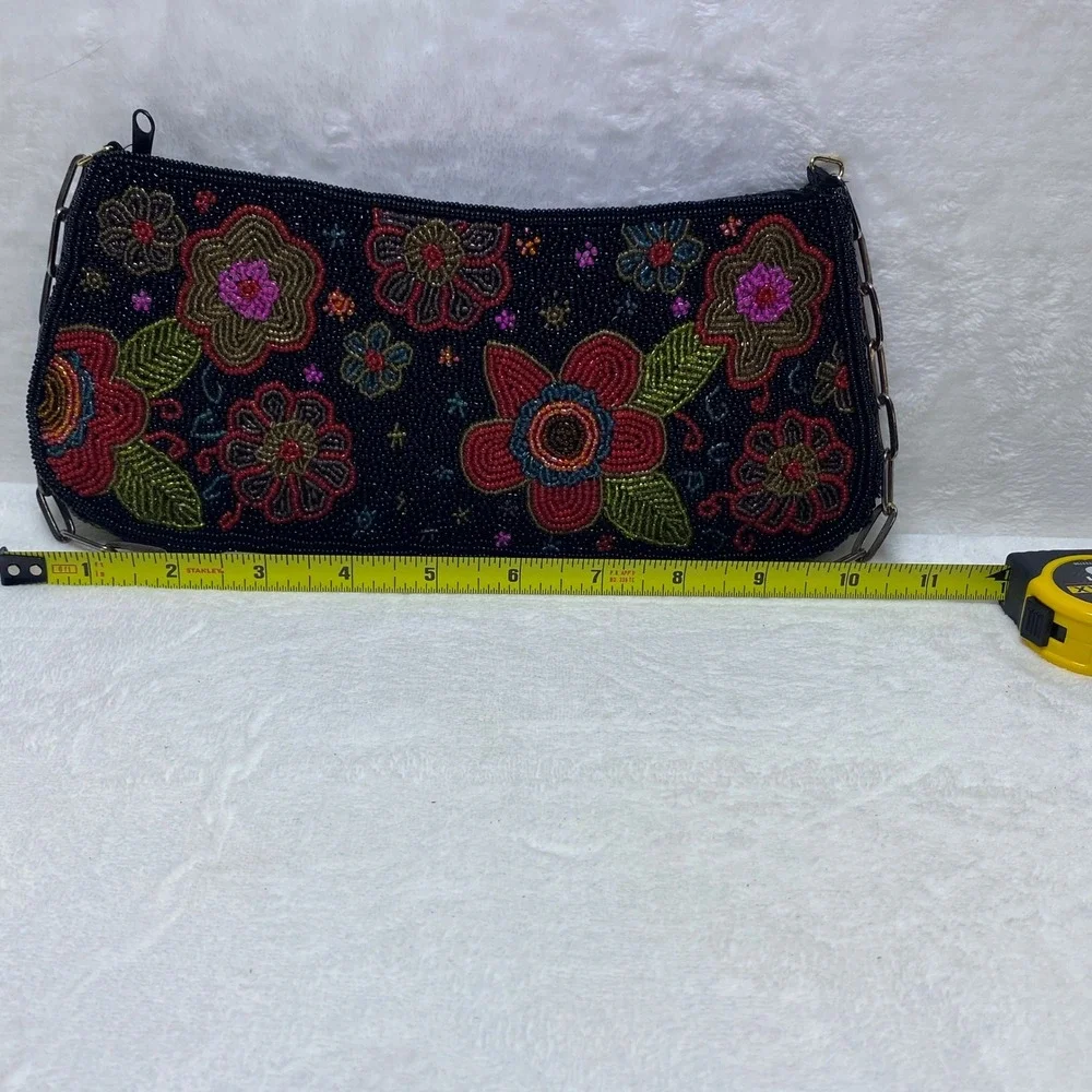 Black Beaded Evening Baguette Bag Color Purse Clutch with Chain Strap Flowers‎